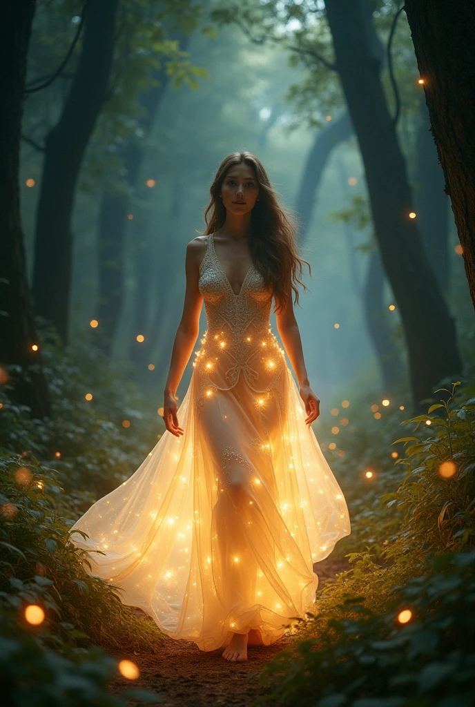 One person, ,,Smile more, High-resolution images, woman, Her hair was decorated with glowing fireflies, Captivatingly shining eyes. Wearing a gown woven with moonlight, She is a tree々Standing in a vibrant and mysterious forest. scene, Surrounded by the fantastic light of fireflies, captured in the style of a magical forest arツーork., (masterpiece, Highest quality, Official Art,Intricate details:1.2)