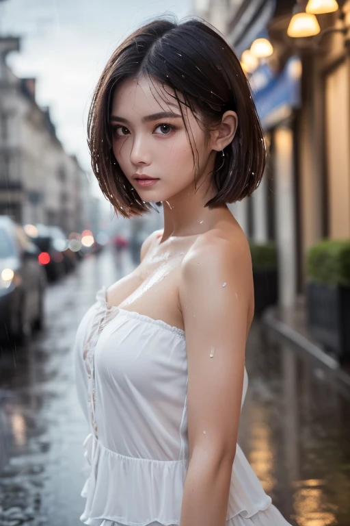 ((Best Quality, 8K, masutepiece:1.3)), Focus:1.2, Perfect Body Beauty:1.4, Buttocks:1.2, ((Layered Haircut, breasts:1.2)), (Wet clothes:1.1) , (Rain, Street:1.3), Bandeau Dress: 1.1, Highly detailed face and skin texture, Fine eyes, Double eyelids, Whitened skin, Long hair, (Shut up: 1.3)