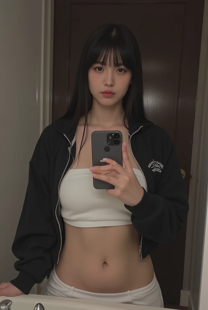Asian, korean, fleshy lips, Bblack hair, black short shorts, piercing umbigo