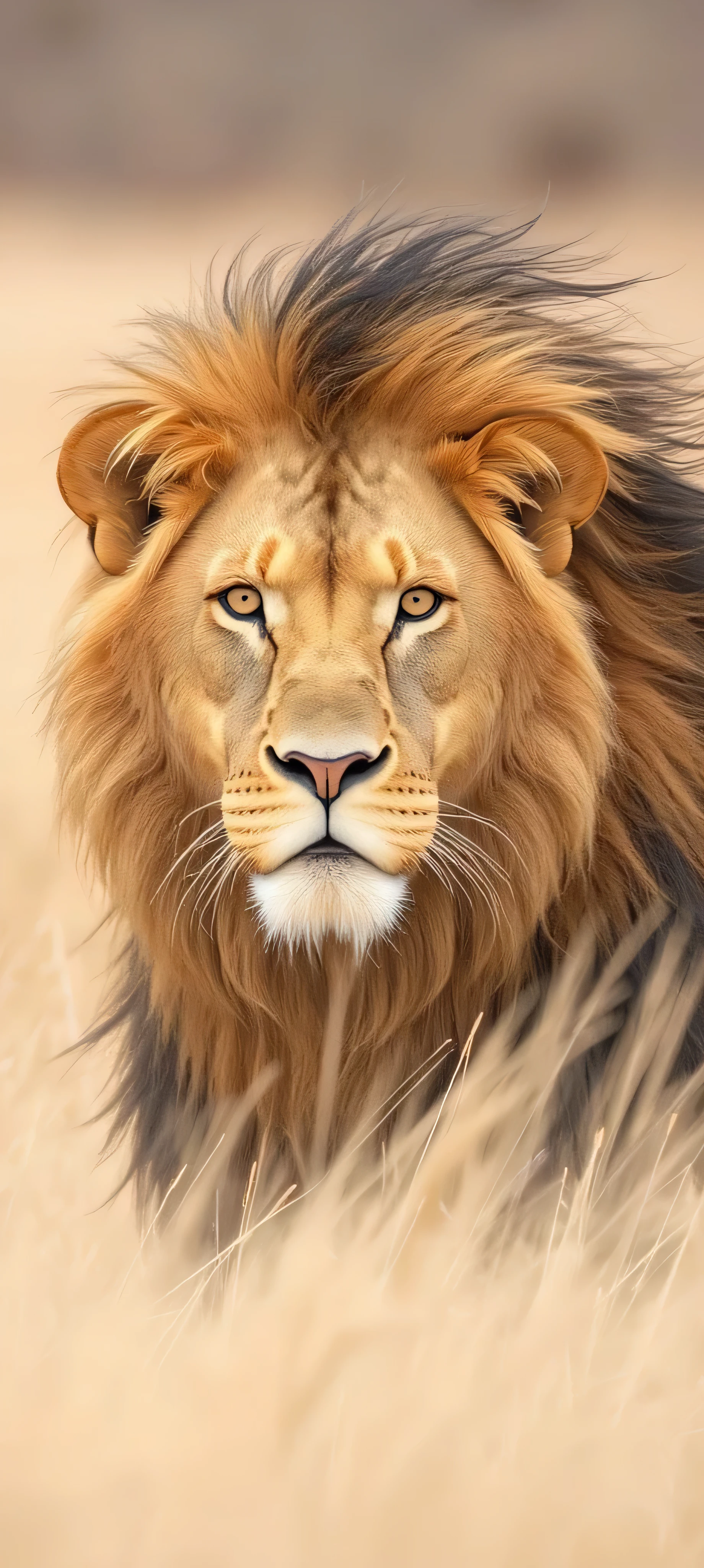 This image is a stunning close-up photograph of a male lion's head and mane. Let's analyze its features and discuss its potential uses.

Features:

Subject: The main focus is a majestic male lion, its head and mane dominating the frame. The lion appears to be in a natural setting, partially obscured by tall grasses.
Composition: The photograph is well-composed, with the lion's gaze directly engaging the viewer. The lion's head is centrally positioned, creating a strong focal point. The blurred background and the grasses partially obscuring the lower portion of the lion add depth and context.
Lighting: The lighting appears to be natural, likely outdoor sunlight. The light seems soft and diffused, minimizing harsh shadows and enhancing the texture of the lion's mane.
Color Palette: The color palette is warm and earthy, with shades of gold, brown, and beige dominating. The colors are rich and saturated, contributing to the overall feeling of grandeur.
Texture: The photograph beautifully captures the texture of the lion's mane, showing the individual strands of hair and their varied lengths. The texture is a key element in the image's overall impact.
Overall Impression: The overall impression is one of power, majesty, and wild beauty. The photograph evokes a sense of awe and respect for the animal.
Potential Uses:

This photograph has a wide range of potential uses:

Wildlife Photography Portfolios: A key image for a wildlife photographer's portfolio, showcasing their skill in capturing detail and emotion.
Nature Documentaries/Films: Ideal for use in nature documentaries or films, adding visual impact and conveying the beauty of the African savanna.
Calendars/Wall Art: Could be used in calendars, posters, or other wall art, bringing a touch of nature and wildlife into home or office spaces.
Magazine Covers/Articles: Suitable for magazine covers or articles about wildlife, conservation, or African landscapes.
Educational Materials: Could be used in educational materials 