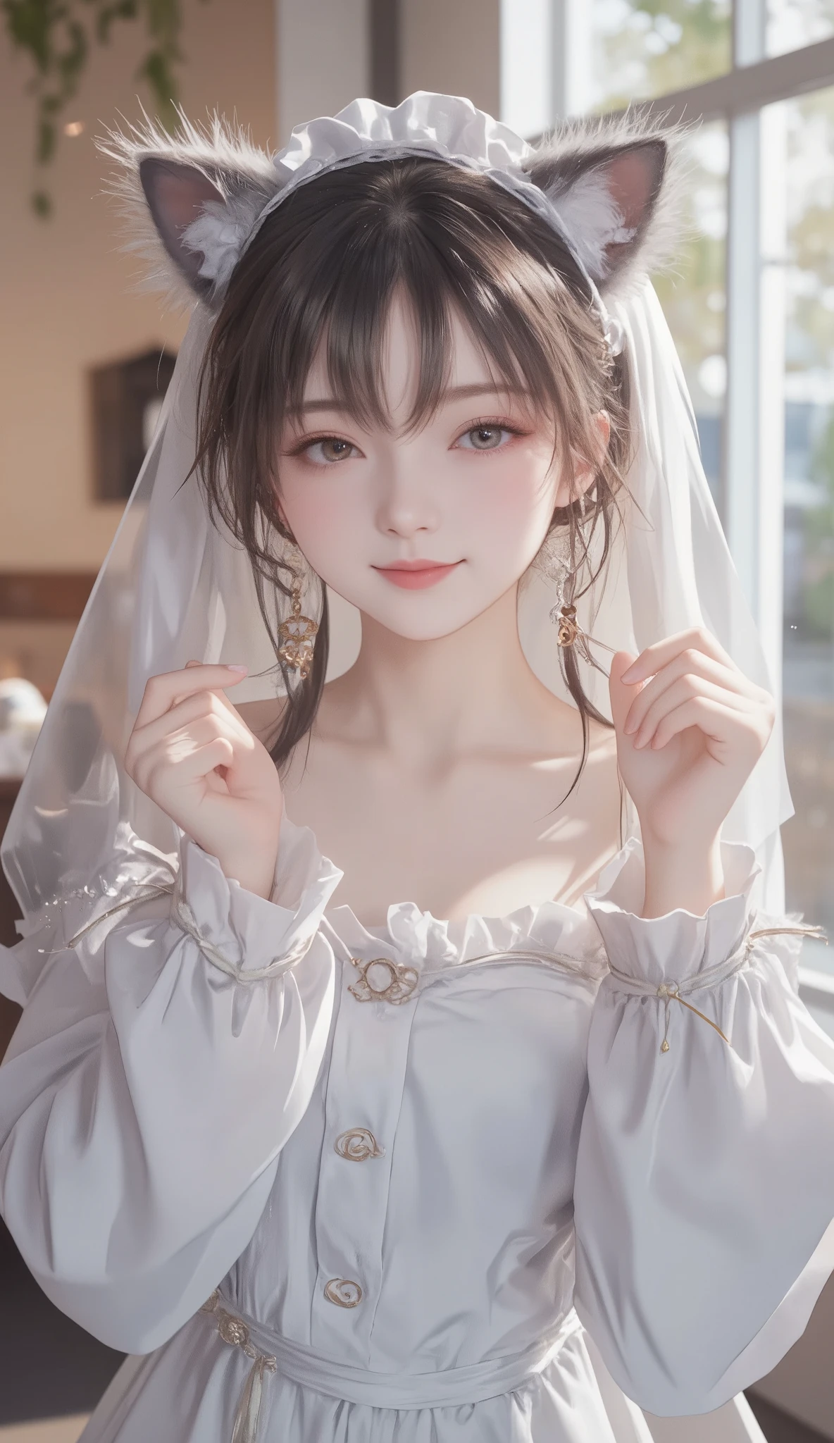 ((Highest quality, 8k, masterpiece, ultra detailed )), Chest, Delicate Eyes, smile, is closing one eye, white silk clothes, Clothes are worn, wearing a cat hoodie, A cute gesture like a cat, maid cafe