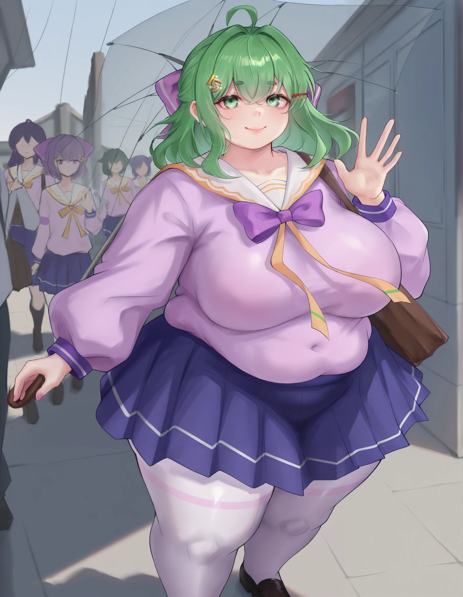 Miss,front,posture,Green short hair,Green Eyes,Purple bow,Blue pleated skirt,White socks,Purple sailor suit,Small leather shoes,Antenna hair,Doudou Eyebrows,Hair rope,permanent,Bangs,HappyGreen Hair Bow Girl Source_Japanese cartoons,woman, ,score_9, score_8_up, score_7_up, ratings_explicit, Semi-realistic, 1girl, Fat woman, Huge cleavage, Wide hips and thick thighs, wide hips,thick thighs,huge breasts,huge ass,sweat,,