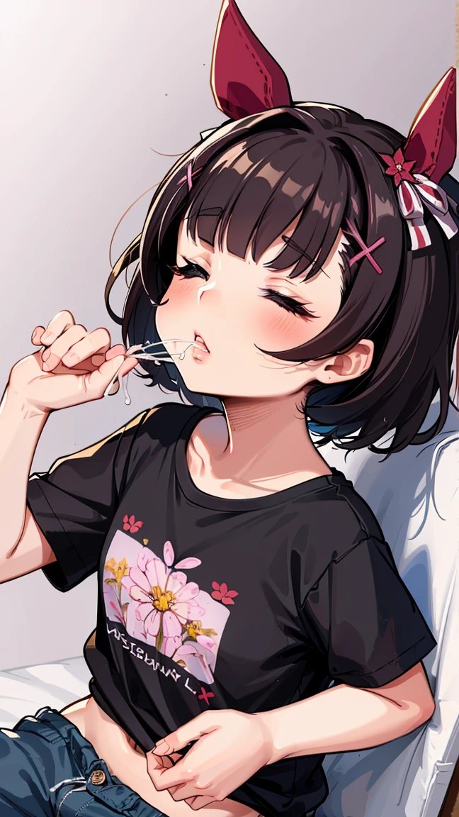 1girl,Cute Girls,Trendy hairstyles,Black Hair,Trendy clothing,Highest quality,Teenage,Blowjob,Licking a penis,1boy,penis,Facial,A large amount of semen is poured on,Bukkake,Looking up,smile