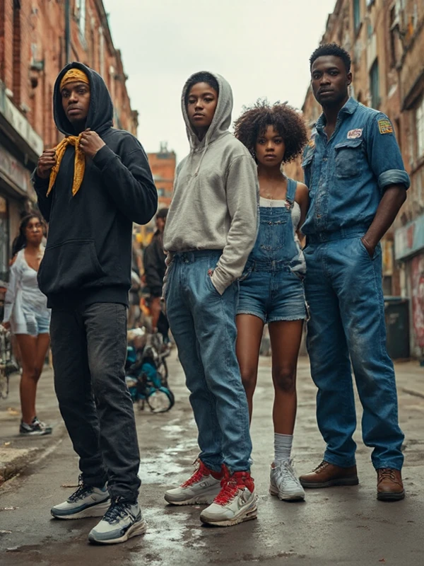 (best quality, ultra-detailed, intricate textures:1.3), (masterpiece, cinematic lighting, dramatic composition:1.3), a dynamic group portrait of, attractive urban hood adults in thier 20's set against authentic South London streets, captured from a dramatic normal-angle  perspective that balances subject and background.

At the center, a beautiful brown-skinned girl in custom sneakers and stylish streetwear stands confidently, her expression determined and poised (sharp facial details, refined sneaker textures:1.3).

To her left, a brown-skinned hooded boy is mid-motion tying a vivid yellow bandana, his eyes focused and energetic (vibrant bandana, fluid motion:1.3).

On her right, a brown-skinned girl with voluminous locs, dressed in jean overalls cut into shorts, exudes rebellious charm, her posture relaxed yet edgy (textured hair, casual yet bold stance:1.3).

Also present is a guy in blue work uniform, his rugged uniform adding contrast to the urban vibe, his stance confident and grounded (detailed workwear, natural poise:1.3).

The background showcases gritty South London—red-brick facades, graffiti, and subtle urban decay—captured in a wide, atmospheric view that leaves ample negative space for the subjects, ensuring they do not dominate the entire image (balanced composition, rich urban textures, deep atmospheric depth:1.3). They're all posing as friends for the camera. Cool poses. 