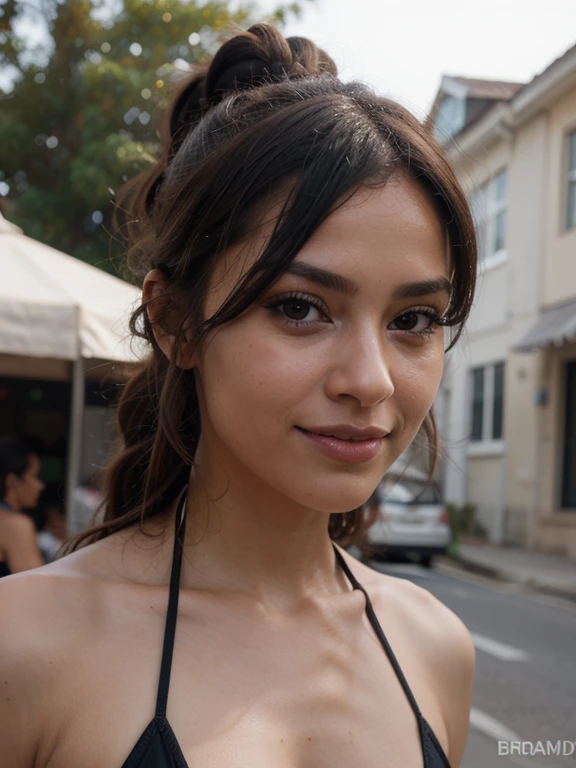 Suki Lopez standing in the street with a dress. Smiling. (Mole below mouth). Perfect eyes, (black Hair), (ponytail), perfect hands, Best quality, masterpiece, 8k. <lora:Suki_Lopez:1>