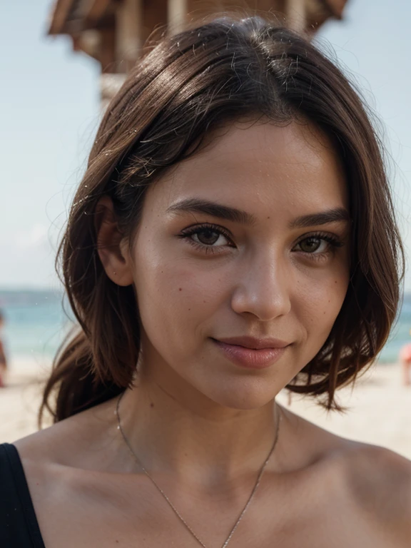 ((Photograph of Brazilian woman)), portrait, face, up close, black choker, beautiful, perfect light skin, short and wavy black hair, thin lips, thin eyes, thin eyebrows, thin nose, earrings, long eyelashes, (red eyeshadow and makeup), 8k, intricately maximalist-details, extremely detailed, backlit, romantic lighting, epic, smooth, vibrant, populated beach background, shallow depth of field, looking at camera, facing camera
