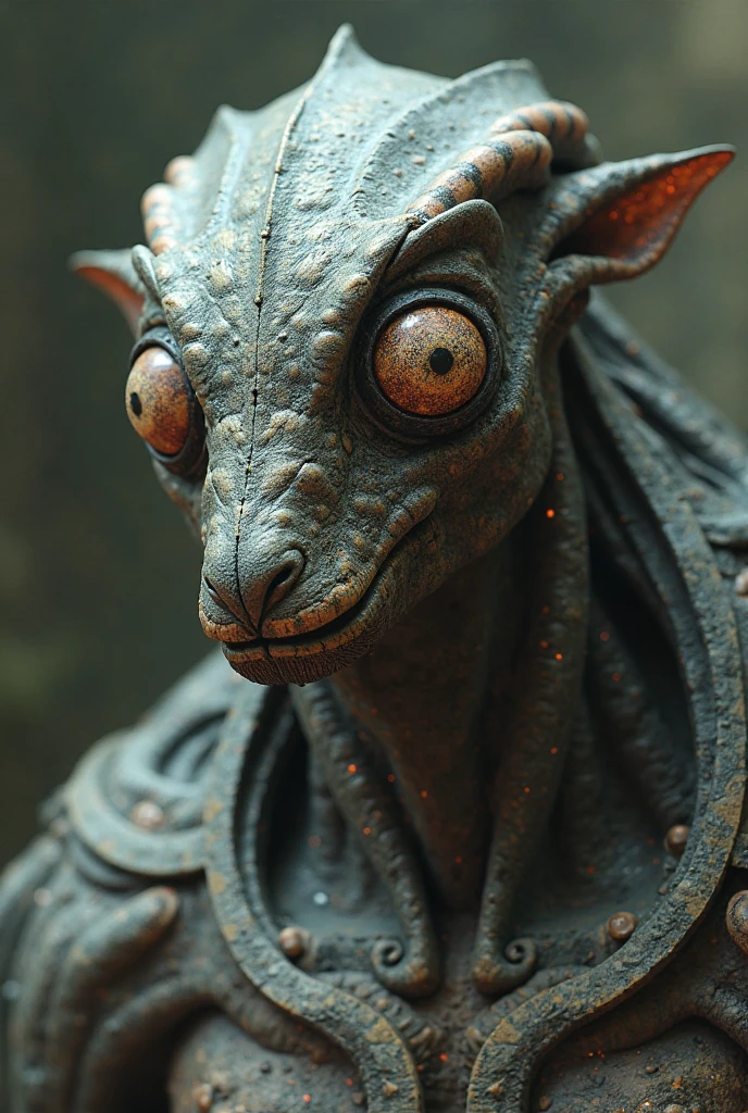 score_9, score_8_up, score_7_up, photo, realistic, solo, (alien;1.2), grey skin, humanoid body, scales, (three eyes:1.2), snout, sharp tooth, horn. (cute:1.2), standing, (humanoid:1.2), portrait, side view