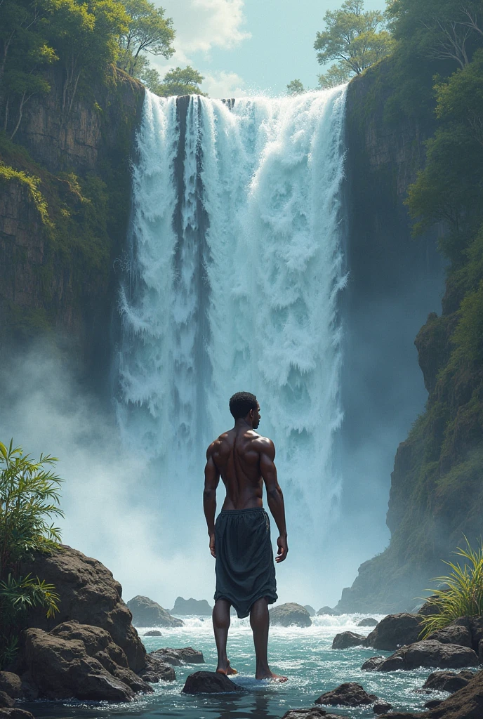 Man standing on high rock bare torso muscular but slim with open arms head raised towards height eyes closed next to a waterfall, strong wind, about to jump , wonderful nature, red sky setting sun hyperrealistic high resolution    