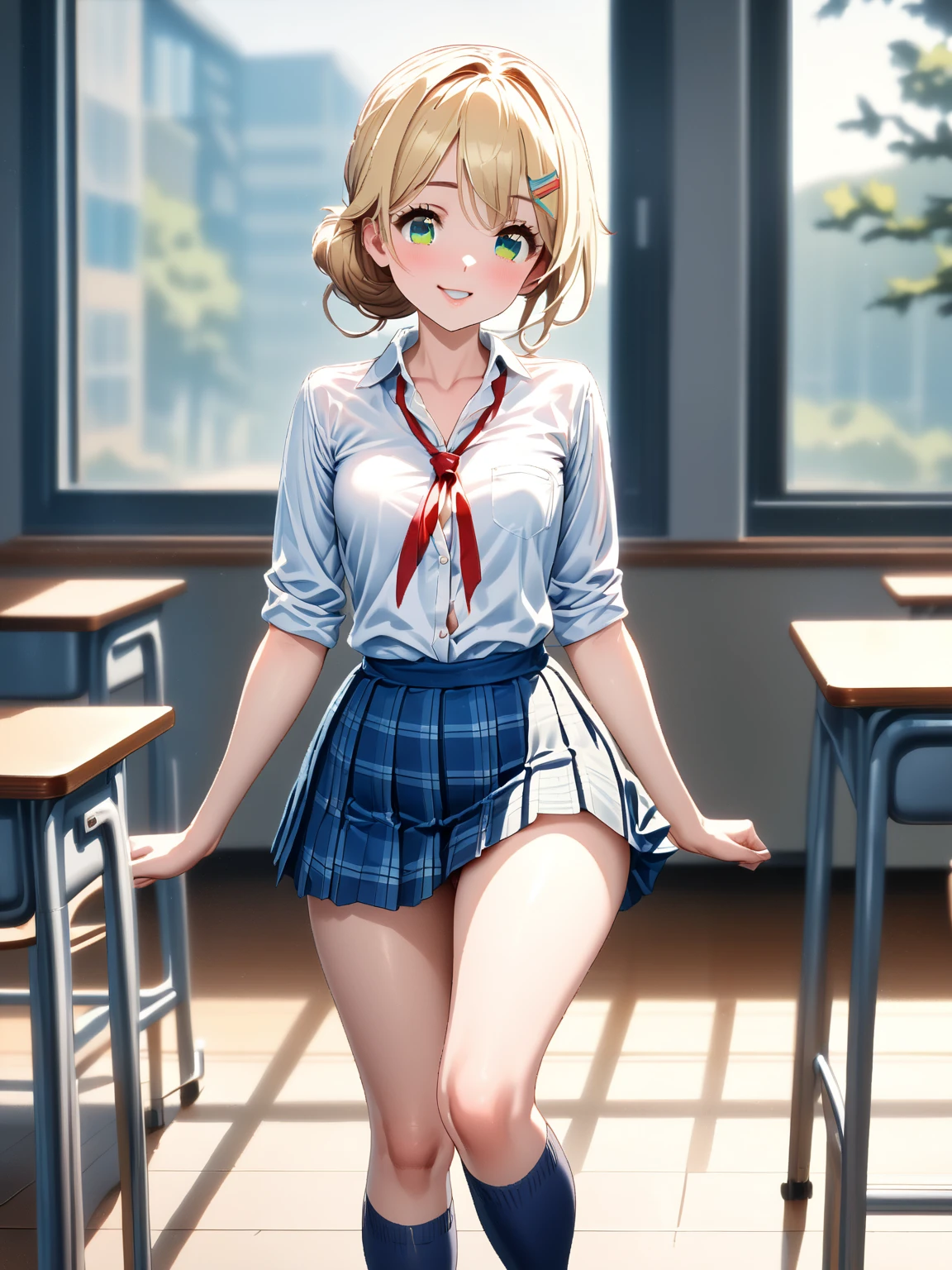 masterpiece, best quality, 1 girl, detailed beautiful face, skirt lift, short hair, waved hair, twintail, blonde hair, smiling, show off side tie panties, French braid, embarrassed, blush, (school uniform)