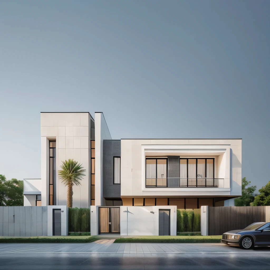 PLATFORM KTHOUSE, 1 morden villa, main material of villa about build color wall:1.2 glass panel:1.1 and stone:1.2, 1large yard, 1 road runs in front of the house, (RAW photo, real, best quality, masterpiece:1.2), look morden minimalist, 1 road in front of the house, dynamic lighting:1.3, (hyper realistic, photo-realistic:1.2), high quality, (dark lighting:1.2), perfect lighting, archdaily, no human