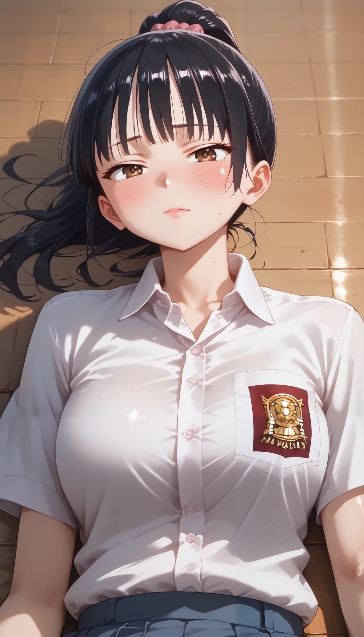 Yamada_anna,Yamada_anna,Yamada_anna, score_9, score_8_above, score_7-above, score 6-above, scoreS score 4_above, source anime , Label 1, Label2, The best quality , lyrics, Detailed, High resolution, 8K, ultra High resolution, soft saturation, professional quality, Perfect contrast, : perfect lighting , Anatomically correct , perfect face , perfect face , perfect hair, perfect eyes , perfect body , perfect chest, perfect arms, perfect skin, clear face, hyperactive breasts, caderas anchas, Gargantuan butt, Sensual woman, ashamed, blush, blush lines, bedroom eyes BREAK low angle view, lying, shirt lift , under the , Indonesia high school uniform,
Short down, medium hair, shiny skin, black hair, straight bangs , sideburns, High Ponytail , smooth hair, dark brown eyes
