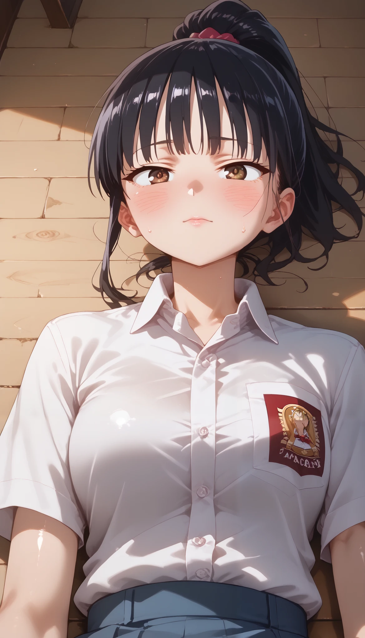 Yamada_anna,Yamada_anna,Yamada_anna, score_9, score_8_above, score_7-above, score 6-above, scoreS score 4_above, source anime , Label 1, Label2, The best quality , lyrics, Detailed, High resolution, 8K, ultra High resolution, soft saturation, professional quality, Perfect contrast, : perfect lighting , Anatomically correct , perfect face , perfect face , perfect hair, perfect eyes , perfect body , perfect chest, perfect arms, perfect skin, clear face, hyperactive breasts, caderas anchas, Gargantuan butt, Sensual woman, ashamed, blush, blush lines, bedroom eyes BREAK low angle view, lying, shirt lift , under the , Indonesia high school uniform,
Short down, medium hair, shiny skin, black hair, straight bangs , sideburns, High Ponytail , smooth hair, dark brown eyes