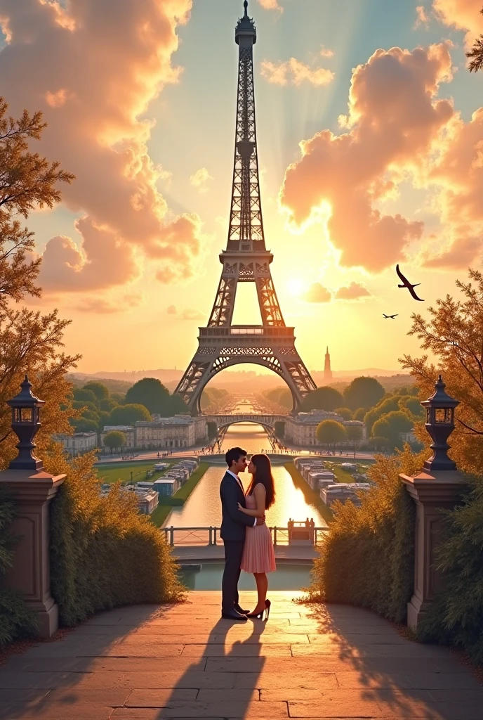 (Description: Beautiful Late Afternoon + at the Louvre in Paris, Sunset Street), (Paris style + French architecture), (High Quality + Best Lighting), (Beautiful Sunset) (blue / orange / red sky + birds), (Dynamic angles + continuous path), (Nostalgic + memory style + twilight), (main frame: street + building) +( empty streets, no people and no cars, just the beautiful architecture of Paris for contemplation)+(feeling of peace and tranquility).a boy and a beautiful girl in their twenties, in love, romance