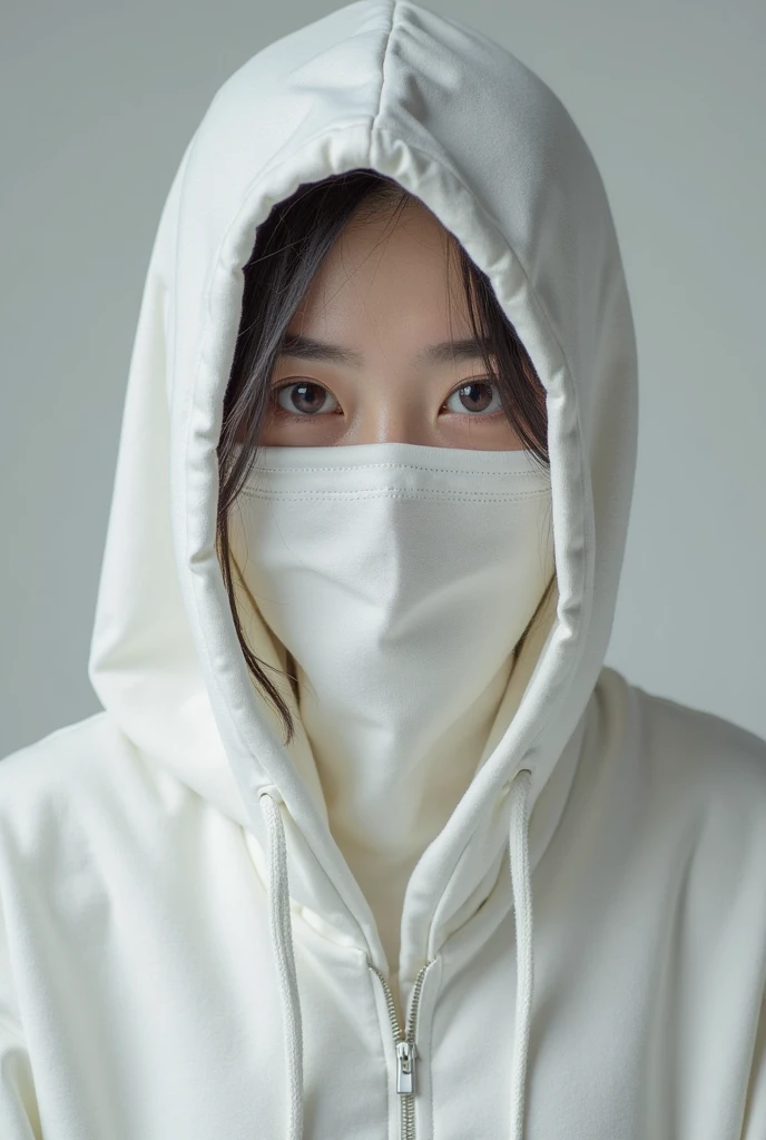 Woman wearing a mask that hides her entire face, hooded blouse, cape and panties
