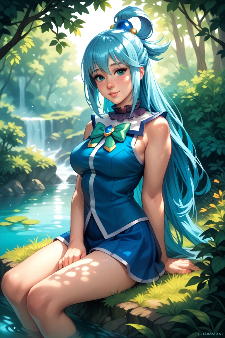 1girl (aqua_konosuba), soil, long light blue hair blown by the wind, blue eyes, white sock, lace, look at the viewer, luxurious, elegant, extremely detailed, majestic, blurry, blurred background, tree, branch, cherry blossoms, butterfly, petals of windblown flowers, depth of field,
