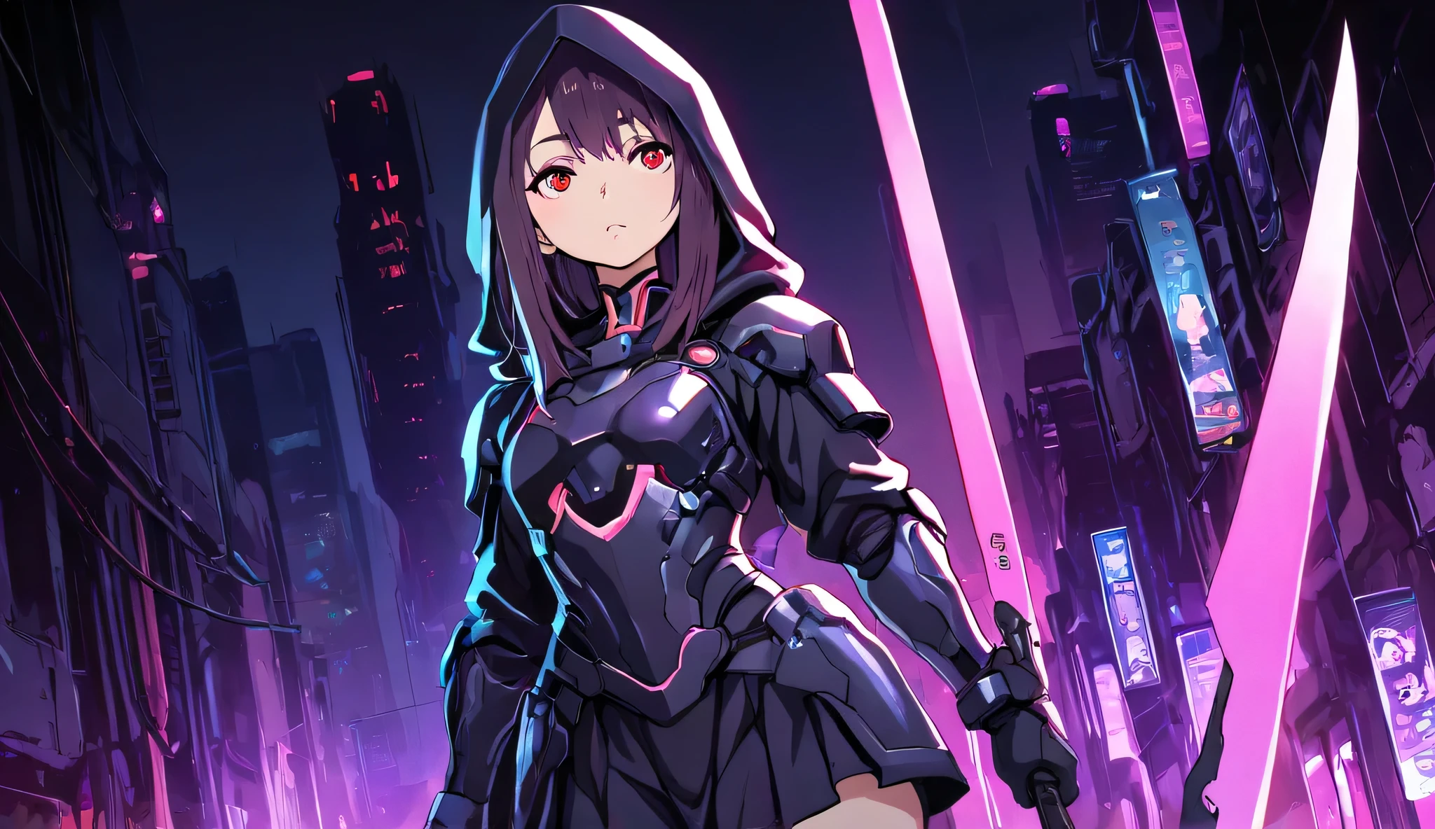 Young Japanese girl, Anime style, Shibuya, modern, technology-assisted environment, Cyberpunk battlefield background, black cybernetic armor, hood, red lines in every inch of her armor, equipping dark purple light blade, HD, High Detailed, Masterpiece