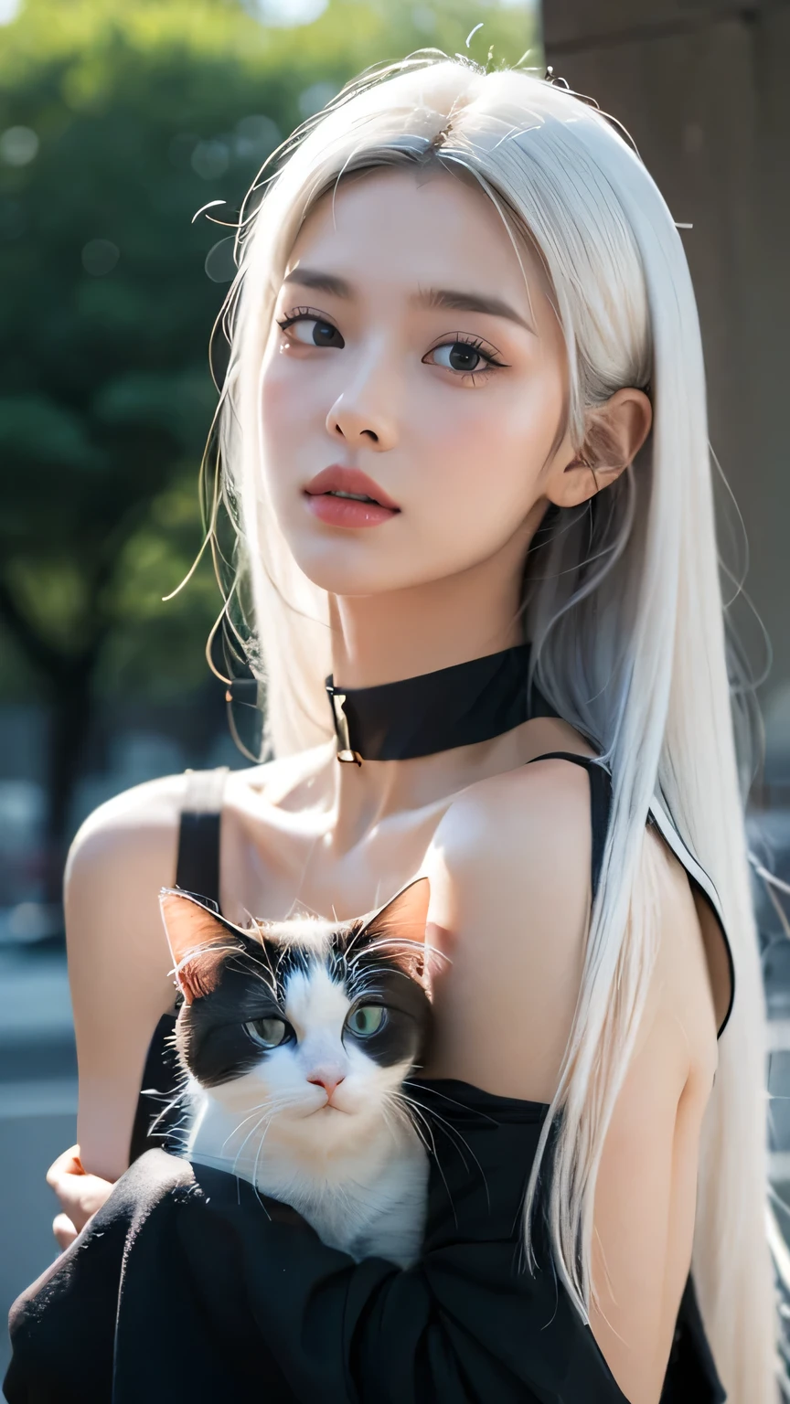 ( front wiev)a girl with white hair. looking upwards with a calm, dreamy expression. A small black and white cat is resting on her head, peeking over her hair and looking down at her with wide eyes. The artwork has a soft, illustrative style, and the girl's lips are slightly parted, adding to the serene mood. She is wearing a choker, long wave white hair The background is neutral, emphasizing the characters.
