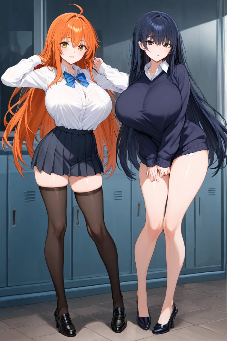(2 girls) ,(Yukinoshita Yukino white lace panties).(Yuigahama Yui pink lace pants), classroom, uniform,,black blazer,shirt,(Yuigahama Yui has big breasts),(Yuigahama Yui opens her mouth),(no skirt),((shiny panties)),thighs,calf,pink sneakers,whole body,smile,from the front,anime 4k