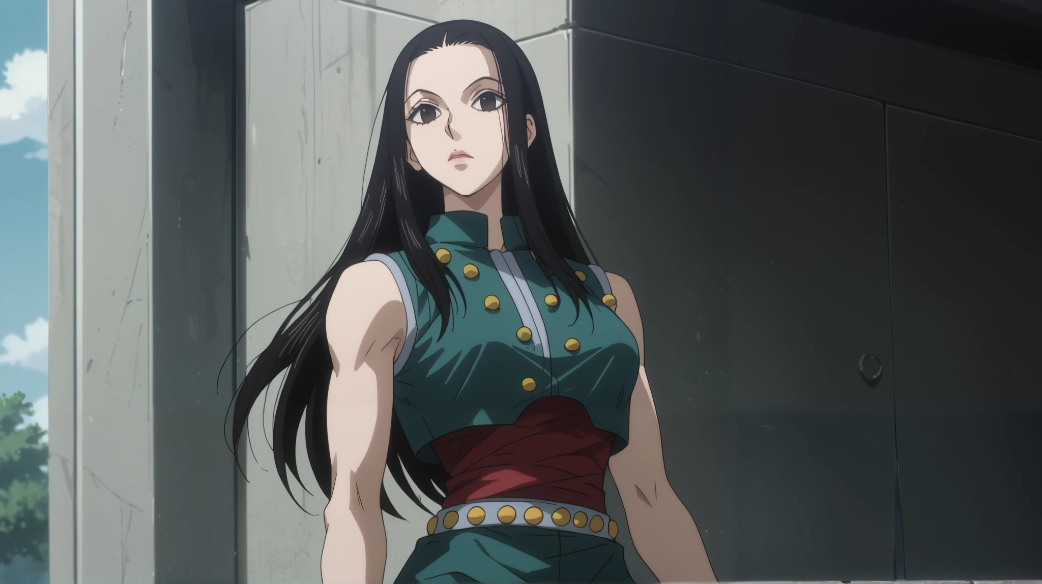 score_9, score_8_up, score_7_up, source_anime, rating_safe,female version IllumiHXH, black Illumi eyes, black Illumi hair, 1girl, female focus, pretty girl, solo, medium breasts, anime screencap, green-blue Illumi sleeveless, red Illumi waist cloth, green Illumi pants, whte-yellow Illumi belt,front shot