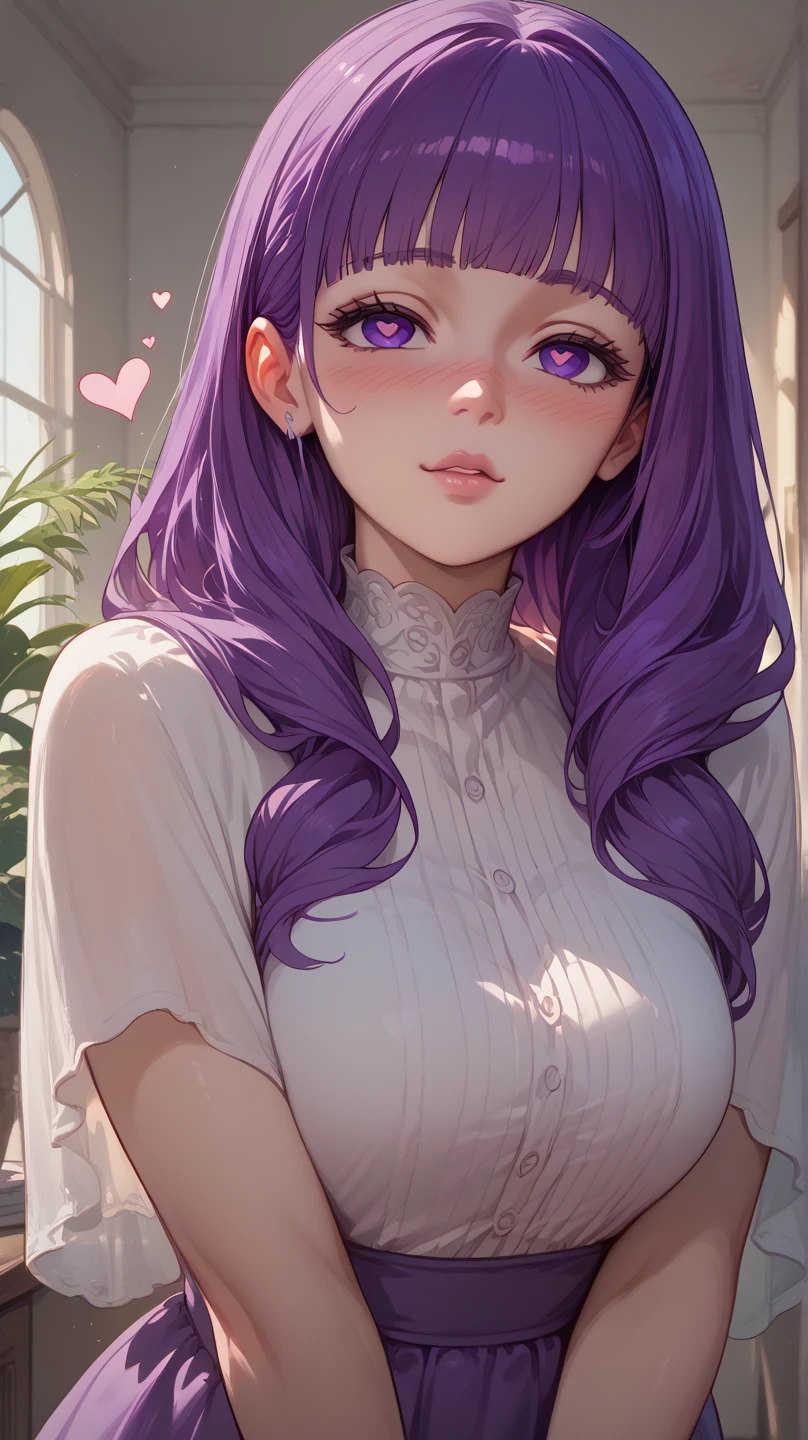 Fern, girl, long purple hair, purple eyes, blushed face, , big boobs, eyes of a heart, Inn room in the background