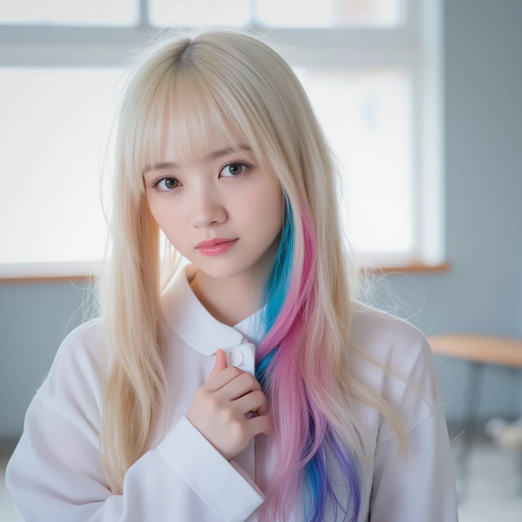 white blond、 hairstyle is straight、super long hair、 idol、The hair has a different hair color on the left and right、 tall twin tails