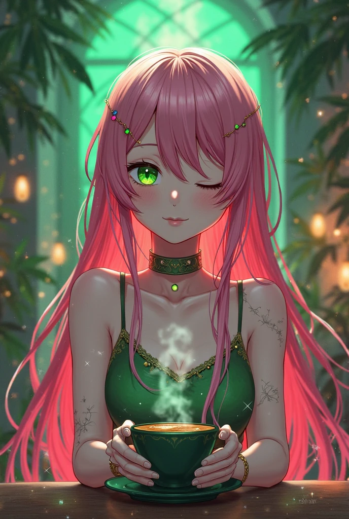 Nsfw,Anime Screenshots、 Artistic anime illustration of a woman adorned with glowing neon flower and ivy tattoos on her face。 The tattoo on her arm is a mix of pink and green.、It emits a neon light。 She has long, flowing hair.、、 This scene has a dreamy soft focus effect.、 It emphasizes the dreamy glow of the tattoo.、Back of hand,