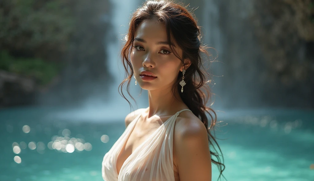 (A MILF),(top-quality、4K、masterpiece:1.3)、Beautuful Women、A hyper-realistic、1girl in、(huge-breasted、attractive bodies:1.2)、abdominals:1.1、dark brown hair:1.1、(Sateen、Wet with rain、a wet body:1.2)、hyperdetailed face、Detailed lips、A detailed eye、Single eyelid、Sensual dress with low collar、Open neckline、hanging breasted、side pose、Visible curves、poolparty、Lying by the pool、 Lying down with a friend、Golden transparent dress、Blue and pink hair、the setting sun