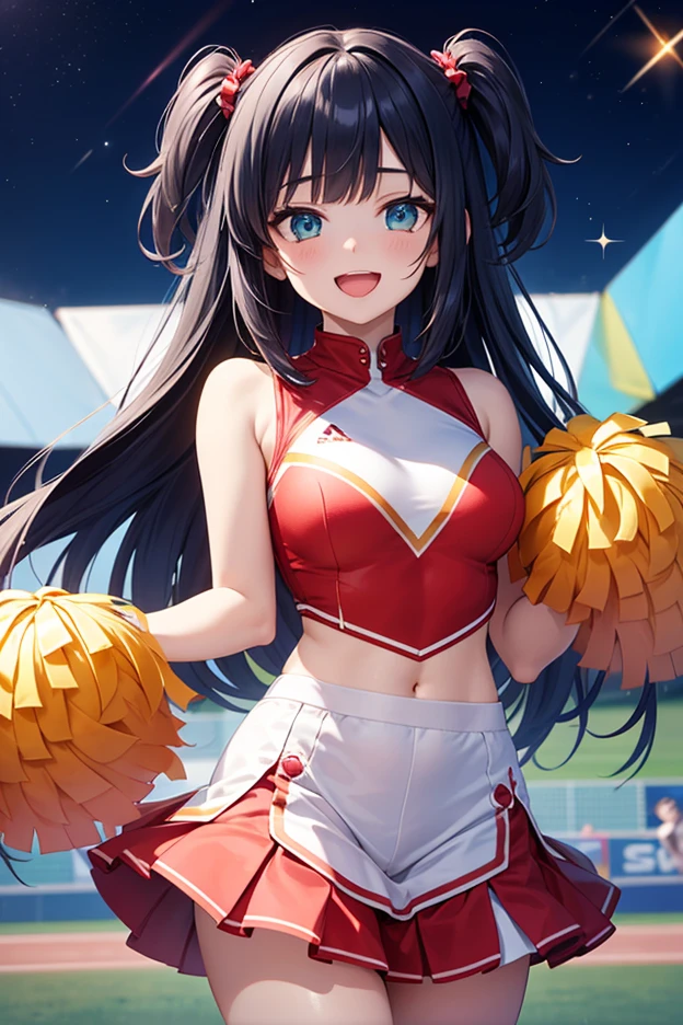 (masterpiece:1.5),(Beat quality),(high res),1girl solo,beautiful face,smile(shining eyes),light effects,Cheer Girl Women,Stadium
