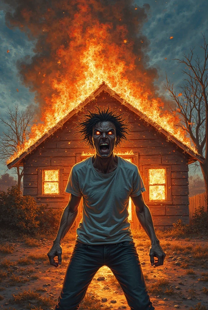 blond-haired man. He’s wearing a black T-shirt, blue jeans and white basketball. He’s laughing. His eyes are scary. He has red blood on his hands and on his clothes. Around him are burning ruins and buildings. [Boy] [Bad] [Red Blood] [Laugh] [Scary]