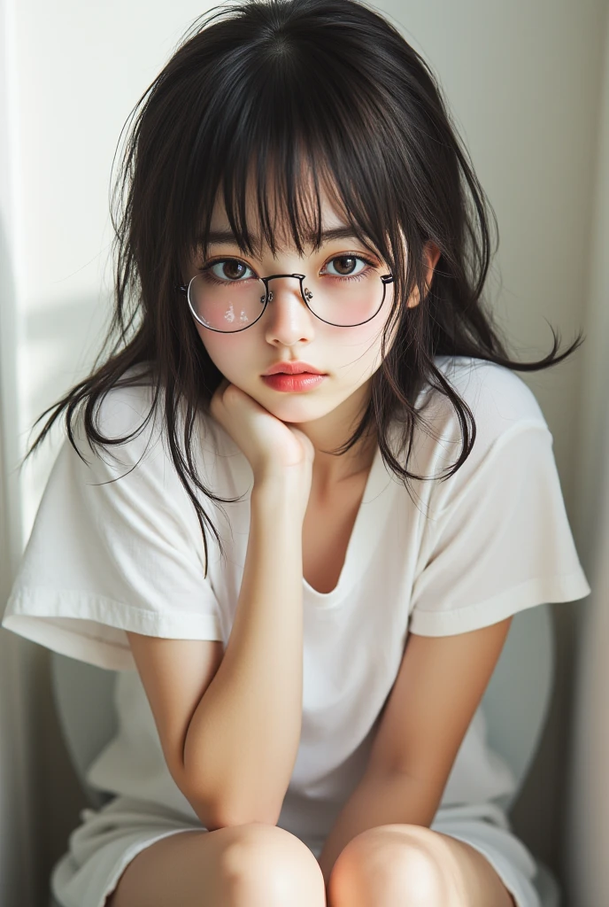 (( top quality)), ((傑 top quality、 Masterpiece、High sensitivity、 high resolution、 detailed depiction of up to the front door、 delicate face with a playful smile))Slender Woman、Glasses、Eye patch、 sitting on the toilet 、