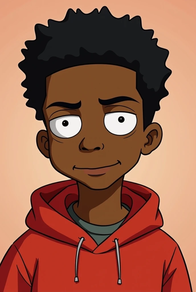 a drawing of an dark skin person with a black dreadlocks and a white shirt, wearing black hoodie with an yin Yang logo on it, halfbody portrait, tyler jacobson style, anime character, cel shade:15, young anime man, androgynous appearance, shaggy dreadlocks, goatee, mustache Smiling, teeth are slightly shown