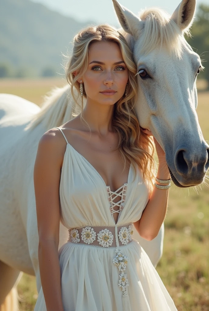 beautiful 30 year old European slender athletic young woman in full height with (long, straight blonde hair with blonde highlights), (Very Large, round, firm breasts.) (perfect body with tight abs) Deep Blue Eyes
**Style**: Bohemian Chic
**Time Period**: Modern
**Vibe**: Ethereal and Romantic
**Color**: Earthy Tones
**Fabric**: Flowy Chiffon and Lace
**Outfit**: A bohemian maxi dress with a deep V-neckline, lace details, and a braided leather belt. (Strap falling off the shoulder, showing breast). Open cleavage showing breasts. (Naked Breasts)
**Hairstyle**: Loose, romantic waves with small braids.
**Makeup**: Natural glow, earthy eyeshadow, nude lips, and highlighter.
**Jewelry**: Layered necklaces, gold hoop earrings, thin bracelets.
**Pose**: Standing beside the horse, one arm around its neck, the other on her hip, with a serene, sultry expression.
**Camera Settings**:
- **Aperture**: f/2.8 for shallow depth of field
- **Shutter Speed**: 1/250
- **ISO**: 100
- **Lighting**: Golden hour with a reflector for even lighting
- **Angle**: Slightly low to capture the model and horse against a scenic backdrop.