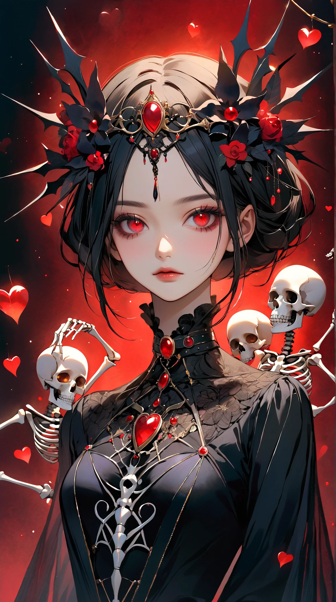 Anime girl, a girl holding a skeleton, There are red flowers growing on the skeleton, red flower, gore, ilustration, dark, blood