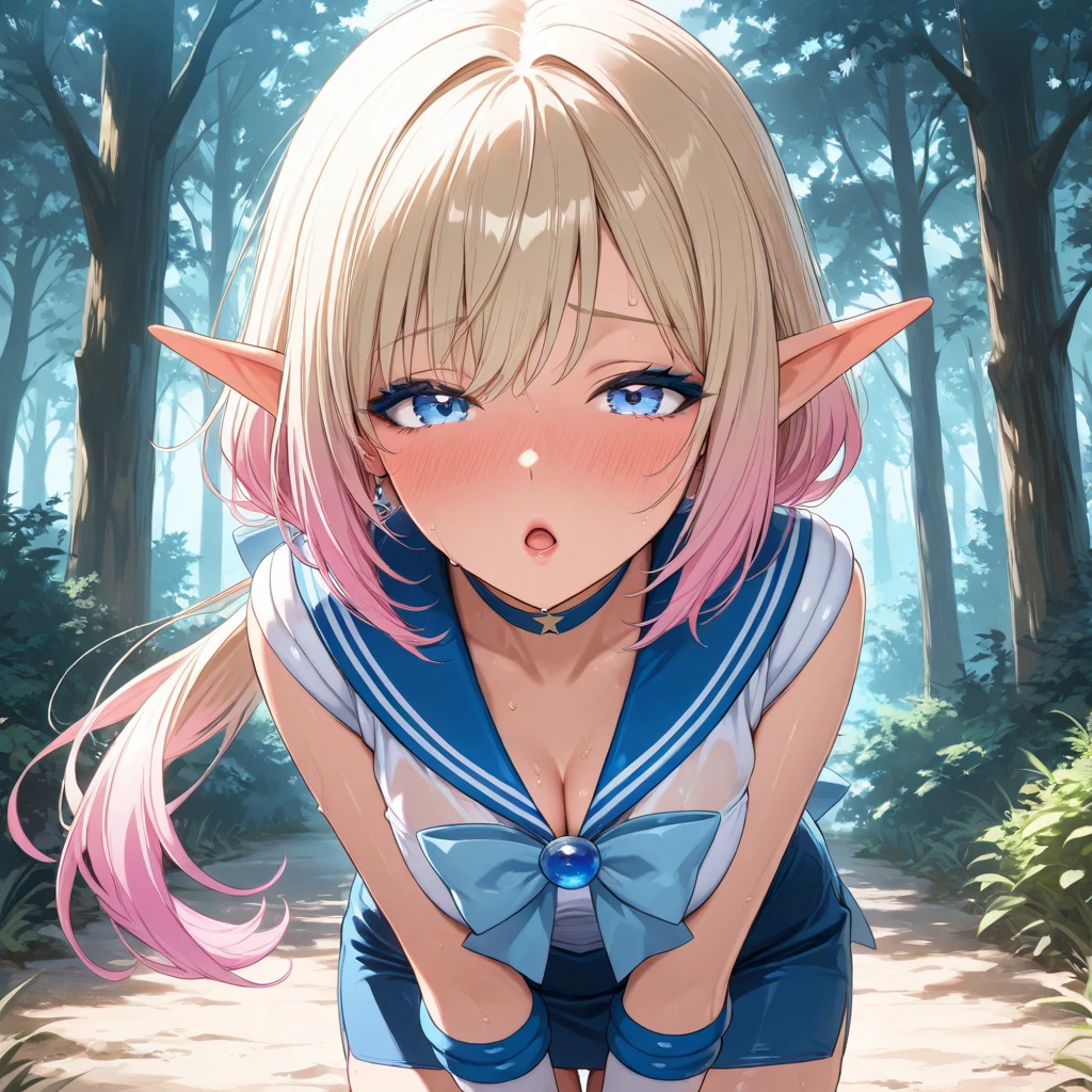 (masterpiece, best quality:1.2),illustration,8k,hd,1girl,solo,upper body,(portrait:1.2),(from the front), ((flat-chested:1.4), (tiny nipples), elf,pointy ears,very long hair,blond hair, (((white long loose socks))), (torn tattered summer sailor uniform, serafuku, red ribbon tie, naby pleated micro skirt, light skyblue string panties), (transparent collared shirt):1.3, parted bangs,blue eyes, upskirt:1.3, ((sitting, squatting, spreading legs)), peeing, (spreading vulva by hands), (peeing:1.5), (ahegao, female orgasm, sweating, steam:1.4), (cum string between tiny nipples), bukkake, cum on upper body, cum on legs, loose socks