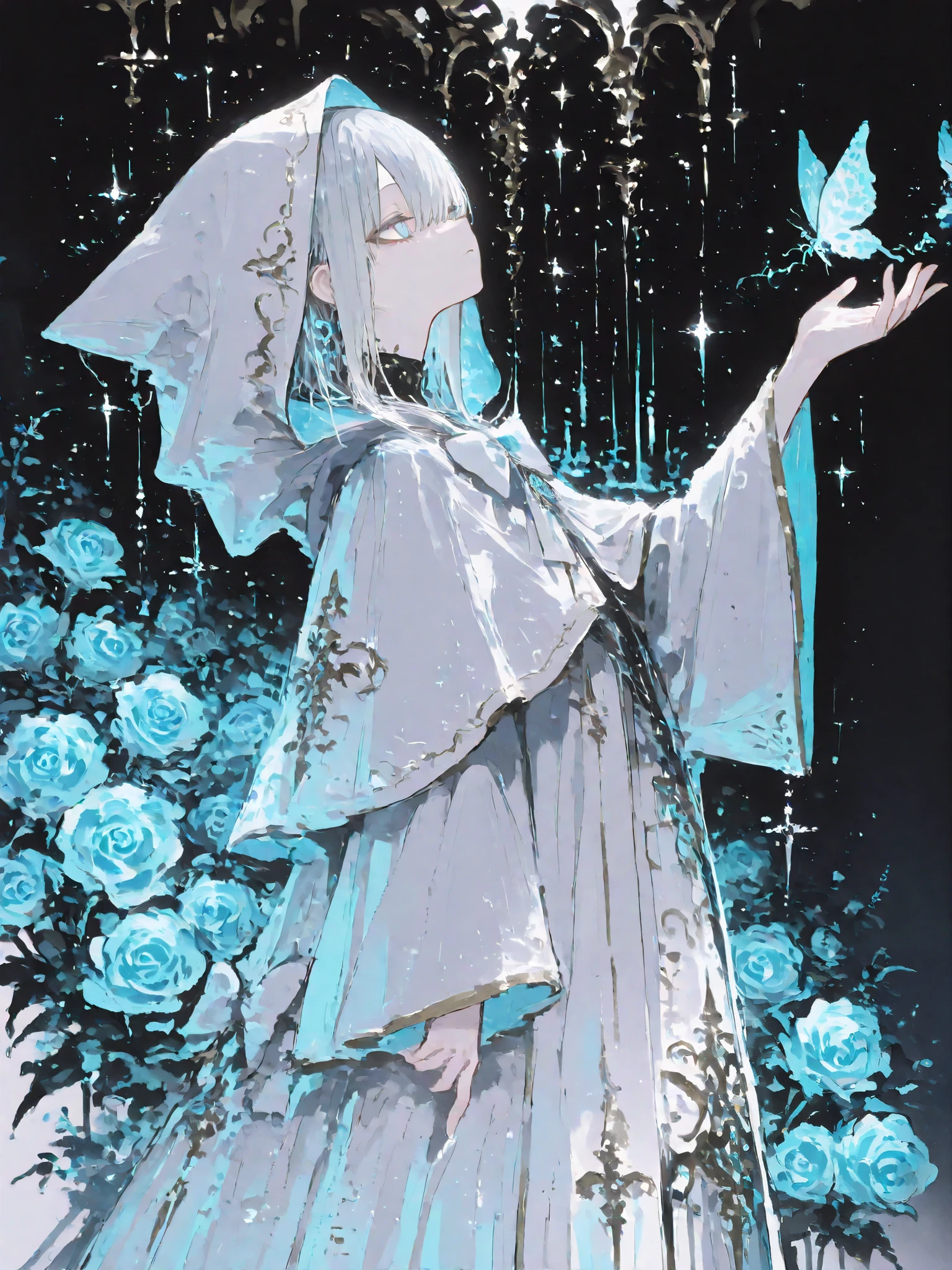 illustration, best quality, dramatic lighting,r17329_illu,usnr,masterpiece, best quality, ultra-detailed, a photorealistic depiction of a beautiful young woman with long, flowing silver hair, dressed in an ornate hooded cloak adorned with intricate butterfly designs. She stands in a mystical night scene, surrounded by shimmering lights and an ethereal cityscape in the background, with tall spires reaching into the starlit sky. The woman’s soft lavender eyes are filled with a calm yet distant expression, as if she’s lost in thought, while she holds her hand out gently, releasing a glowing, ethereal butterfly. Her gown is detailed with delicate blue roses and a large bow at the center, with finely textured fabric that glows faintly in the moonlight. The stars and galaxies above swirl in vibrant blues and purples, casting a magical glow over the entire scene. The attention to detail is remarkable, with every strand of her hair, every fold in her clothing, and every glowing star in the background rendered with stunning realism, creating a serene and enchanting atmosphere.