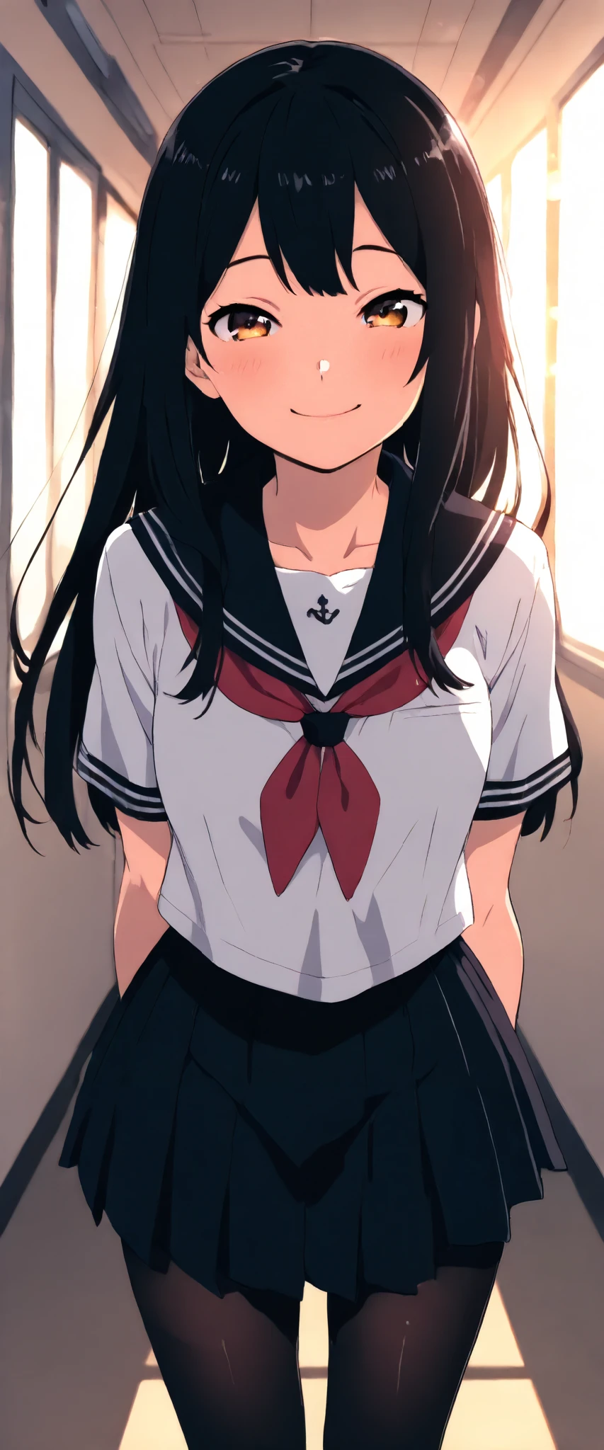 (masterpiece, best quality, illustration), anime girl, cute, solo, japanese school uniform, sailor uniform, skirt, black hair, long hair, smiling, gentle smile, soft smile, detailed eyes, detailed face, 7/8 tights, knee-high socks, school hallway, school corridor, indoors, natural lighting, soft lighting, shallow depth of field, bokeh,  close-up, face focus, portrait, cinematic lighting, film grain, 8k resolution, sharp focus