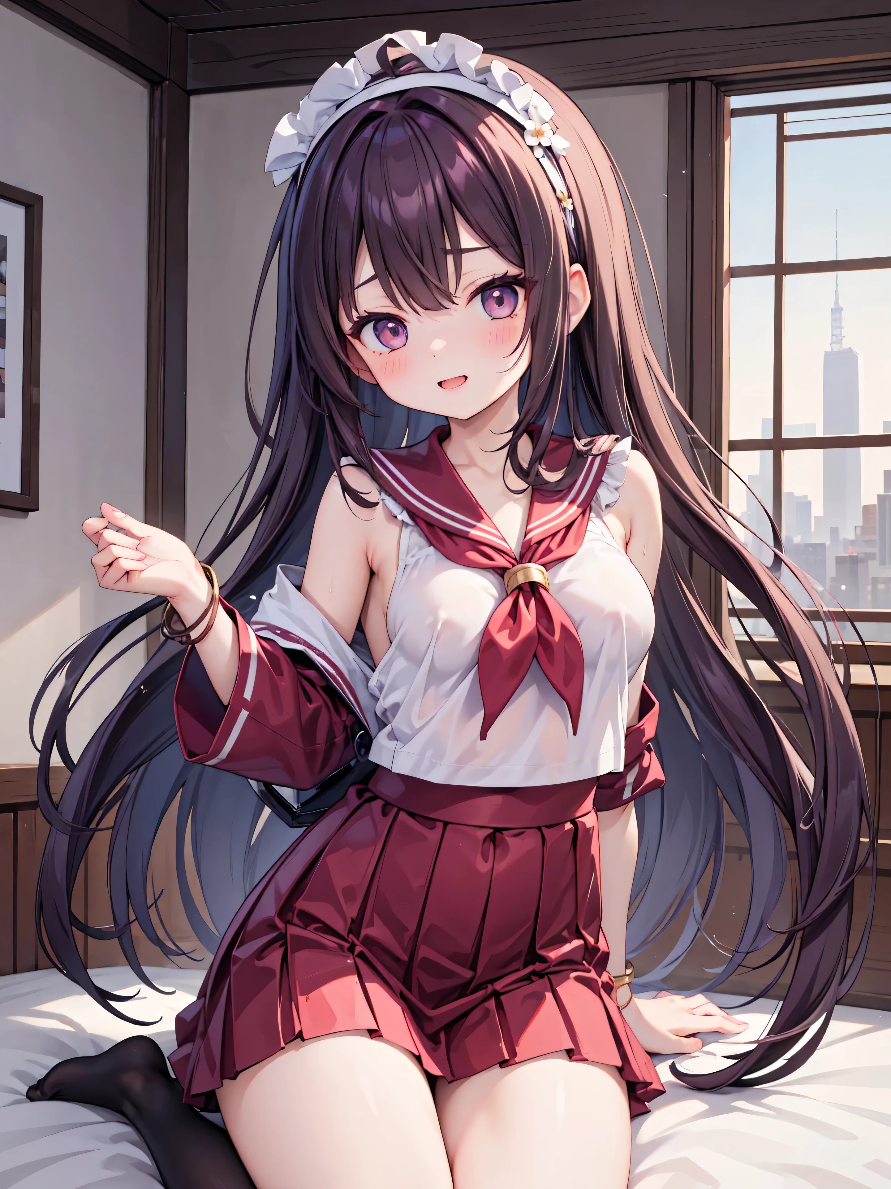 Highly detailed, high quality, masterpiece, beautiful, (all photo shooting), girl student girl, perfect eyes, light brown eyes, clear eyes, blushing face, happy face, dancing, big thighs, medium breast, long hair, dark purple hair, with bracelet in hand, bow in hair, flower headband, wearing red Japanese sailor suit, with black stockings, short mini skirt, full thong show, sexy, background image on a bed half-naked