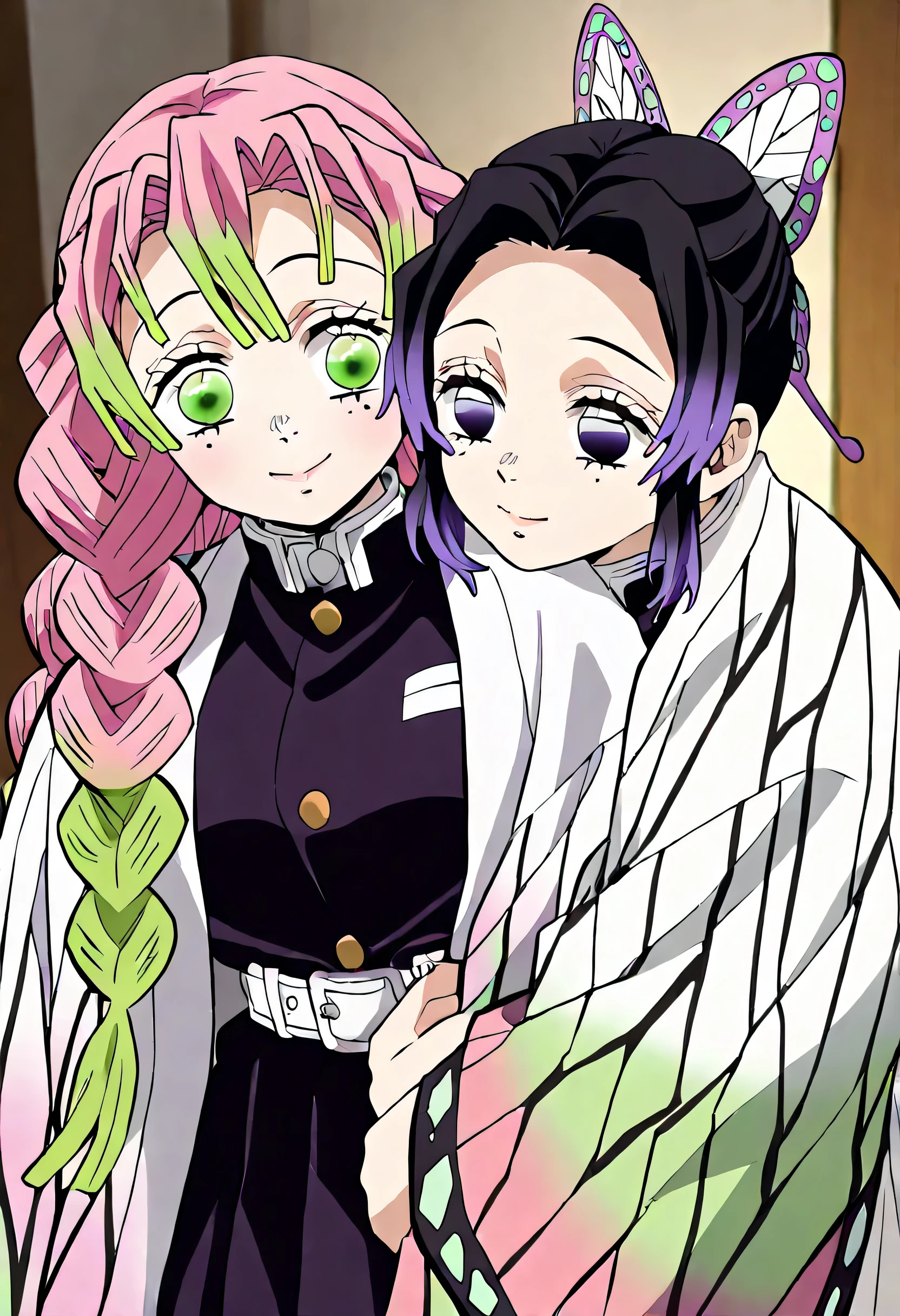 2 girls, shinobu kochou และ Mitsuri Kanroji , ( shinobu kochou, Two-tone hair, black hair, purple hair, butterfly hair ornament, purple eyes, Invisible ), ( Mitsuri Kanroji , Two-tone hair, Pink Hair, Green Hair, Green Eyes, ), Hug each other warmly, In the room