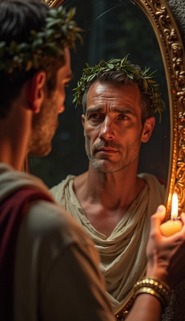 In a 16:9 landscape format, the Stoic philosopher stands before a large, ancient mirror in a darkened room, his reflection showing a weary, pained expression. The room, adorned with elements of Roman architecture, is shadowy, with a single light source illuminating the philosopher and his reflection. His tunic drapes over his well-defined shoulders, subtly revealing his muscular form. The mirror's surface is slightly tarnished, symbolizing the inner conflict. The philosopher's hand hovers near the glass, as if seeking strength from his reflection. The background fades into darkness, leaving the focus on the philosopher and the mirror, representing the struggle to accept the painful truth.