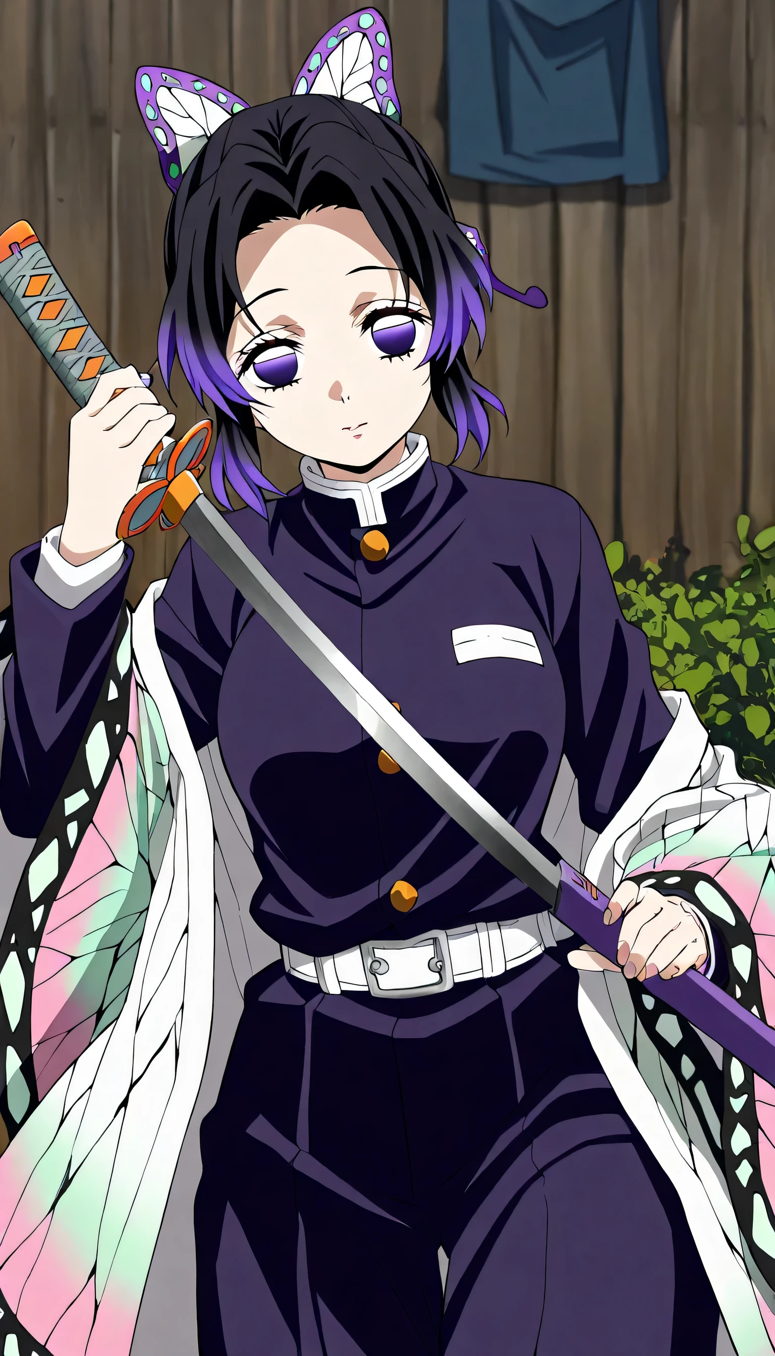 1 girl, Background Converter, Backyard, shinobu kochou, Two-tone hair, black hair, purple hair, butterfly hair ornament, purple eyes, Invisible , medium chest, Holding a katana