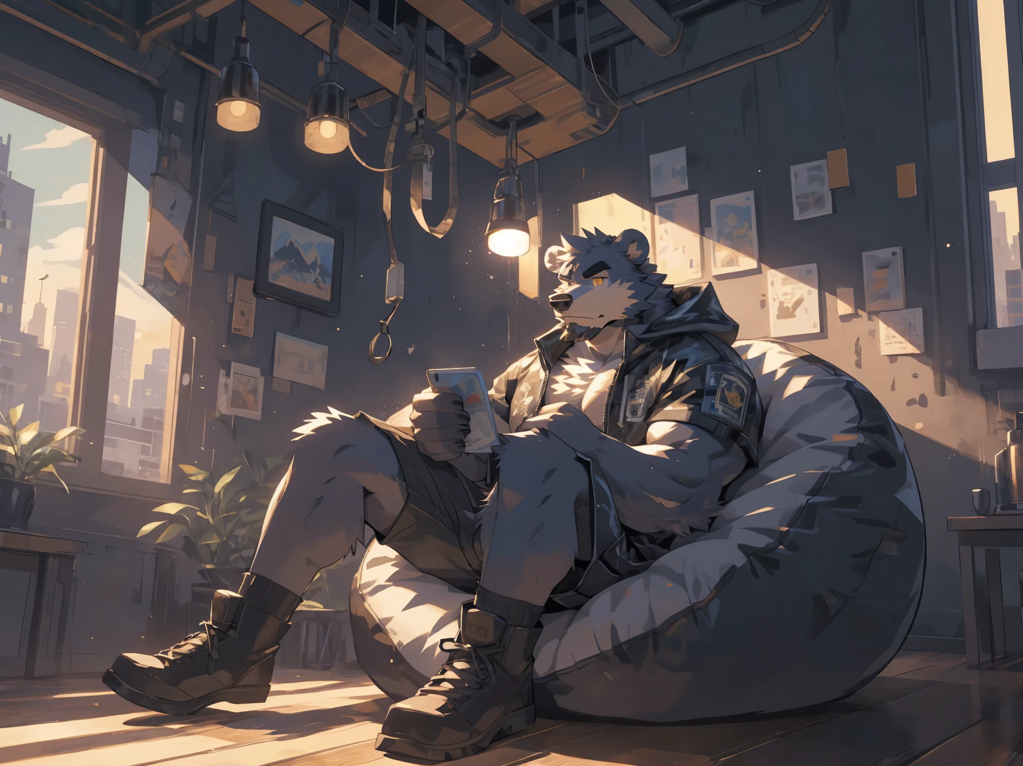 (masterpiece:1.2), best quality,pixiv,official art,perfect anatomy, (Ray tracing, light),solo, (1_male:1.3) , (muscle), (grey fur:1.4), (muscle bear), (beard:1.2), (gleaming golden eyes), bear tail, Thick black eyebrows, (open hooded parka) , (naked inside:1.2), cargo shorts, barefoot , french window, indoor , fur carpet , cushion , rest on sofa