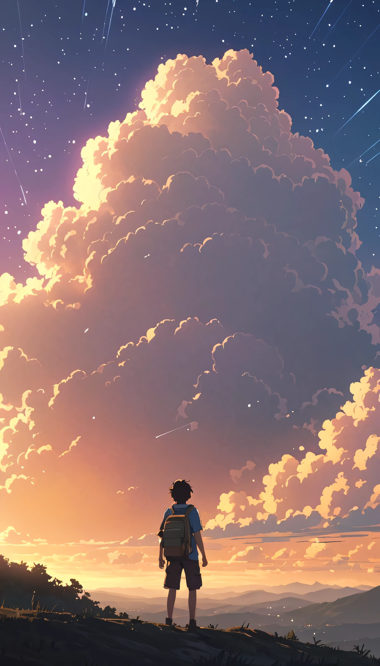 Cloudy, textured clouds anime style Alone niño minimalista! serca de un acantilado contemplando el cielo expansivo lleno de nubes esponjosas, iluminadas con luz dorada the stars
, Makoto Shinkai Cyril Roland, 4k anime art wallpaper, 4k anime art wallpaper, Animated background, 8K anime art wallpaper, Animated background art, Animated landscape wallpaper, Amazing wallpaper, HD wallpaper, 4K animation wallpaper, 4K animation wallpaper, Art by Aries Moros, Art: Bob Biary, AI Art by Ashley Wood, Greg Rutkowski