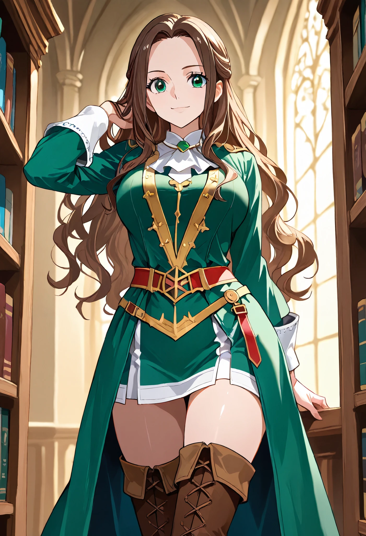 1 girl, ONLY one character, nefertari vivi, dark wavy brown hair, long hair, green eyes, in a library, medieval magician, medieval noble, brown boots, thigh boots, uniform, green outfit, fantasy adventurer outfit, elegant, confident, cowboy shot, perfect eyes, perfect body