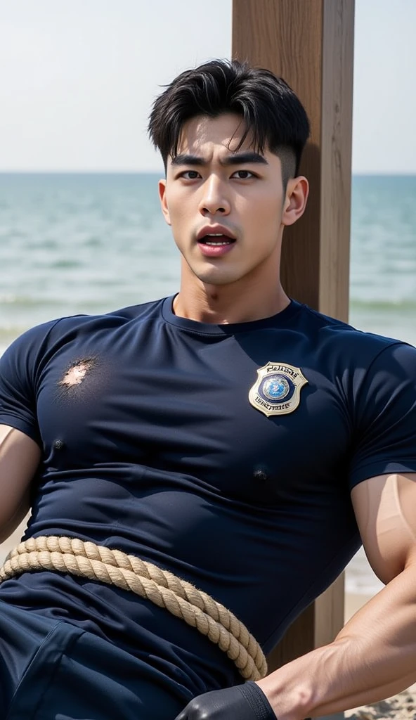 Handsome guy, 25 years old, master work, best picture quality, higher quality, high detail, super high resolution, 8k resolution, delicate facial features, boys, big muscles, tattoos, glowing eyes, short hair, hair details, , legs apart [[Look away, look to the side, emphasize homosexuality and pay attention to every detail , white tight transparent pants, open white navy uniform, wearing white navy hat, luxury cruise ship, sea, blue sky, flying birds ((((crotch bulge))))) real photos