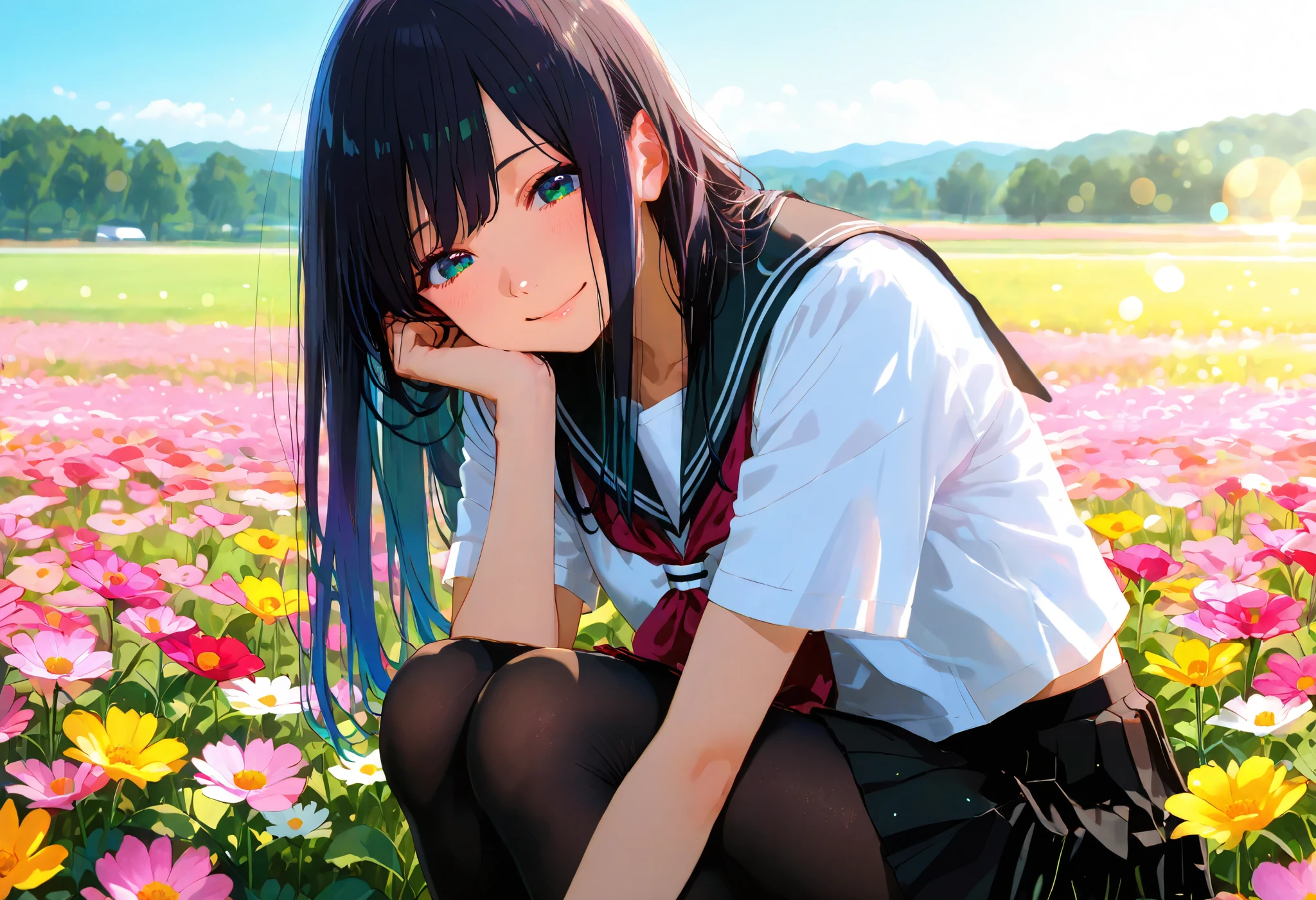 (masterpiece, best quality, illustration), young anime girl, cute, solo, japanese school uniform, sailor uniform, skirt, 7/8 tights, black hair, long hair, smiling, gentle smile, soft smile, happy, (young face:1.3), (like features:1.2), (small build:1.1), detailed eyes, flower field, field of flowers, flowers, colorful flowers, bokeh, blurry background, defocused background, shallow depth of field, soft lighting, vibrant colors, beautiful background, sunny day, outdoors, 8k resolution, sharp focus