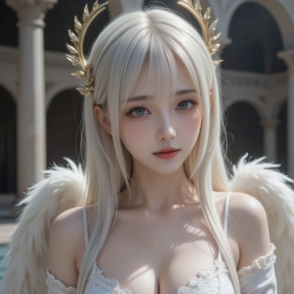(Hair:Long, blond, and ornamented.
Eyes: Large and expressive with long eyelashes.
Pupils: Sky blue.
Eyebrows: Well-groomed and defined.
Nose: sharp and delicate.
Mouth: slim lips, smiling broadly.
Skin: Smooth and white.
Build: Has a skinny yet plump build.
Face: Youthful, long and oval.
Clothes: White Dress.)
(((Realistic, high resolution, heavenly, child)))
