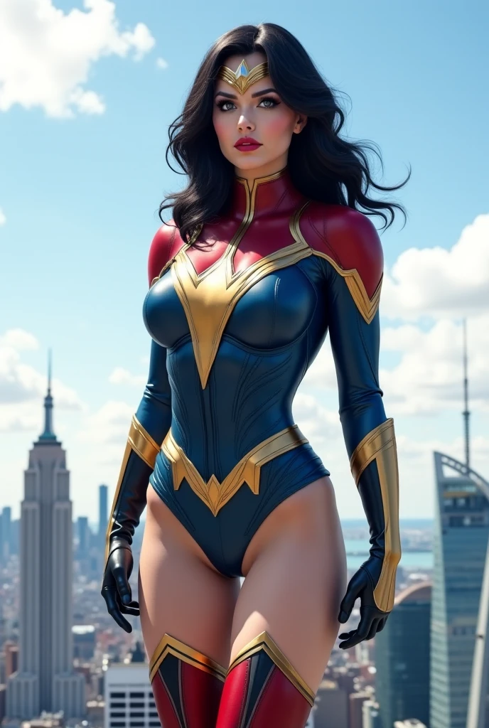 /Highly detailed RAW photo of Rashmika Mandanna portraying Captain Marvel, soaring above the Earth orbit close to the sun. Her dynamic pose showcases her wide hips and toned figure. (Detailed face: 1.2) with expressive, (detailed lips), and captivating, (detailed eyes), evoke intensity and strength. (Sci-Fi setting) with intricately crafted details. Detailed textures, (curvy) physique, and depth of field enhance the image. Plenty of soft, cinematic lighting adds a touch of elegance. Masterpiece of (best quality) art, brimming with sharp focus and smooth detailing.
