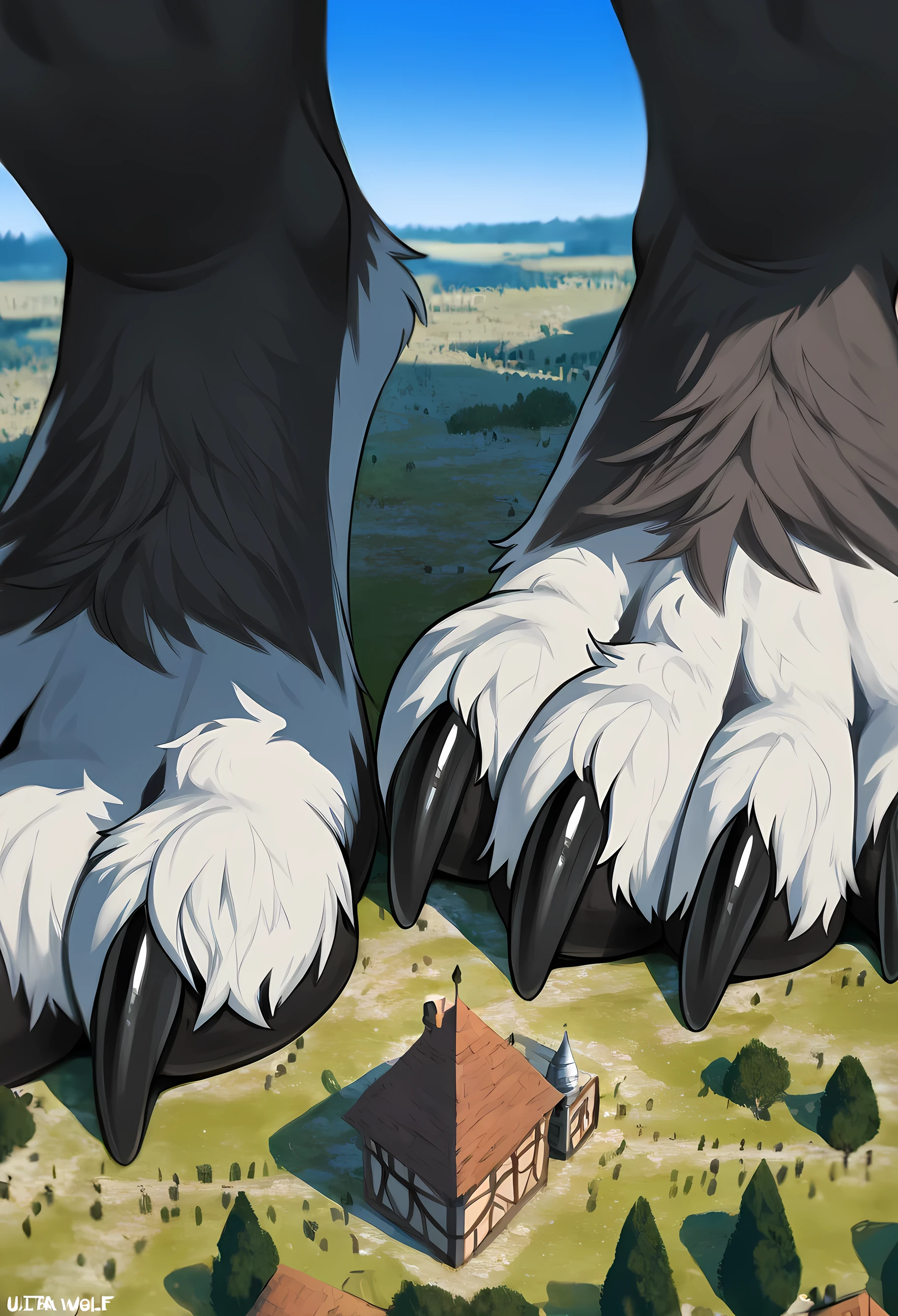 (macro size: 1.4), (medieval village from sky view: 1.2), (continent from sky view), (the front of a closeup wolf foot: 1.2), (ultra closeup of a wolf boys foot only: 1.3), (furry wolf boy: 1.1), robes, simple background, sitting on ground, (closeup of wolf feet: 1.1)