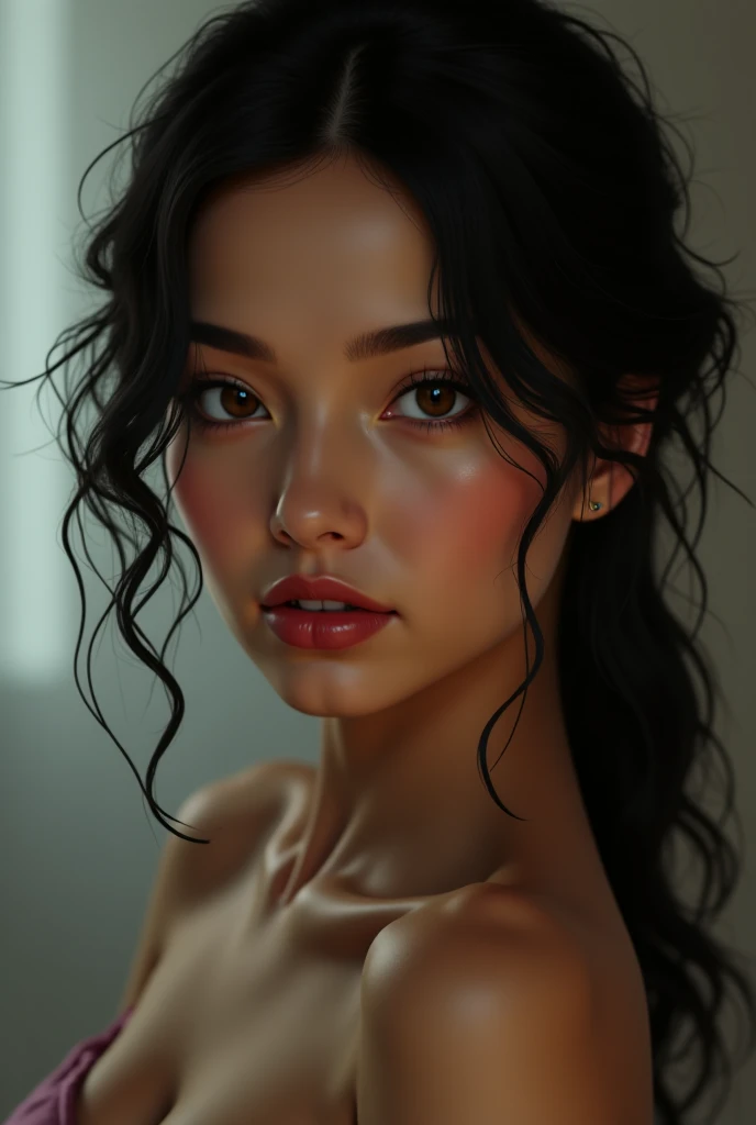 A detailed photorealistic portrait of a 20-year-old brunette girl with long wavy black hair and bangs, large breasts, exposed hand, extremely detailed skin, freckles on the face, hyper-realistic, (best quality,4k,8k,highres,masterpiece:1.2),ultra-detailed,(realistic,photorealistic,photo-realistic:1.37),HDR,UHD,studio lighting,ultra-fine painting,sharp focus,physically-based rendering,extreme detail description,professional,vivid colors,bokeh,detailed eyes,detailed lips,extremely detailed eyes and face,longeyelashes
