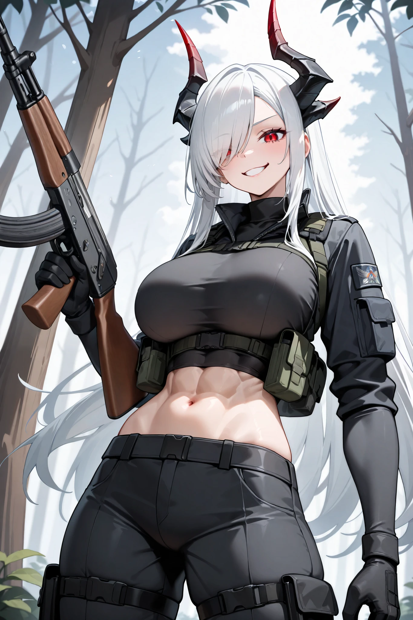 absurdres, (((HD))), (((Ultra High Quality))), ((hyper detailed)), ((Ultra High Resolution)), (Highly rendered), ((detailed eyes)), (((8K))), ((perfect face)), ((masterpiece)), one girl, tall, thin, abs, dragon horns, white hair, long hair, straight hair, swept bangs, hair over one eye, red eyes, evil grin, large breasts, tactical clothes, jacket, black shirt, midriff, tactical gloves, black pants, combat pants, forest background, AK-47, holding AK-47,